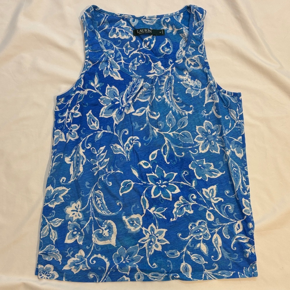 Blue + White Floral Botanical Paisley Ralph Lauren 100% Cotton Tank, Small